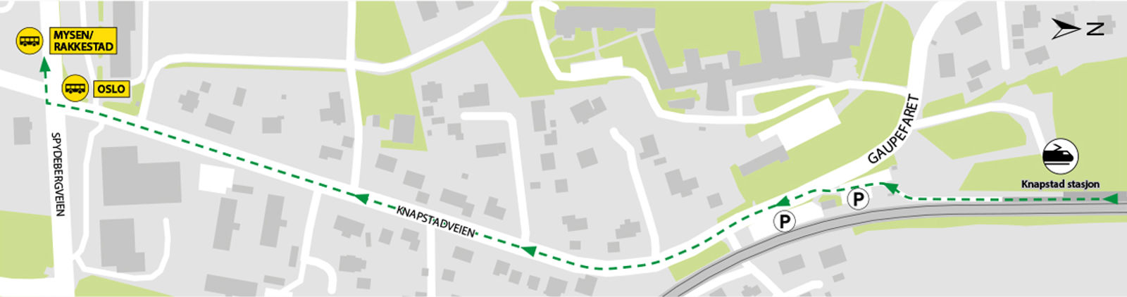 Kartet viser at bussene kjører fra bussholdeplassene Knapstad i Spydebergveien. 