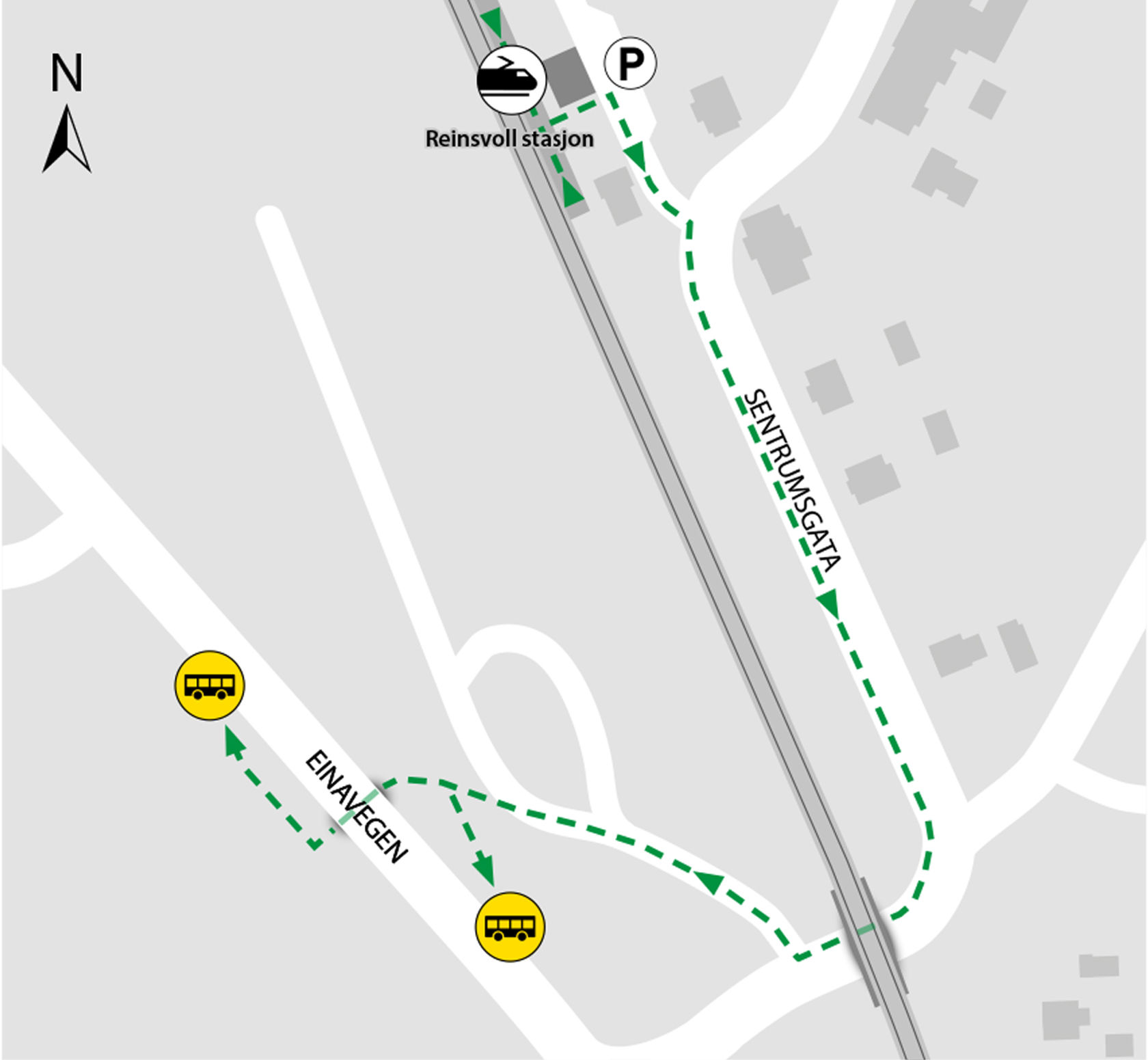 Kartet viser at bussene kjører fra bussholdeplassene Reinsvoll sør på RV 4.