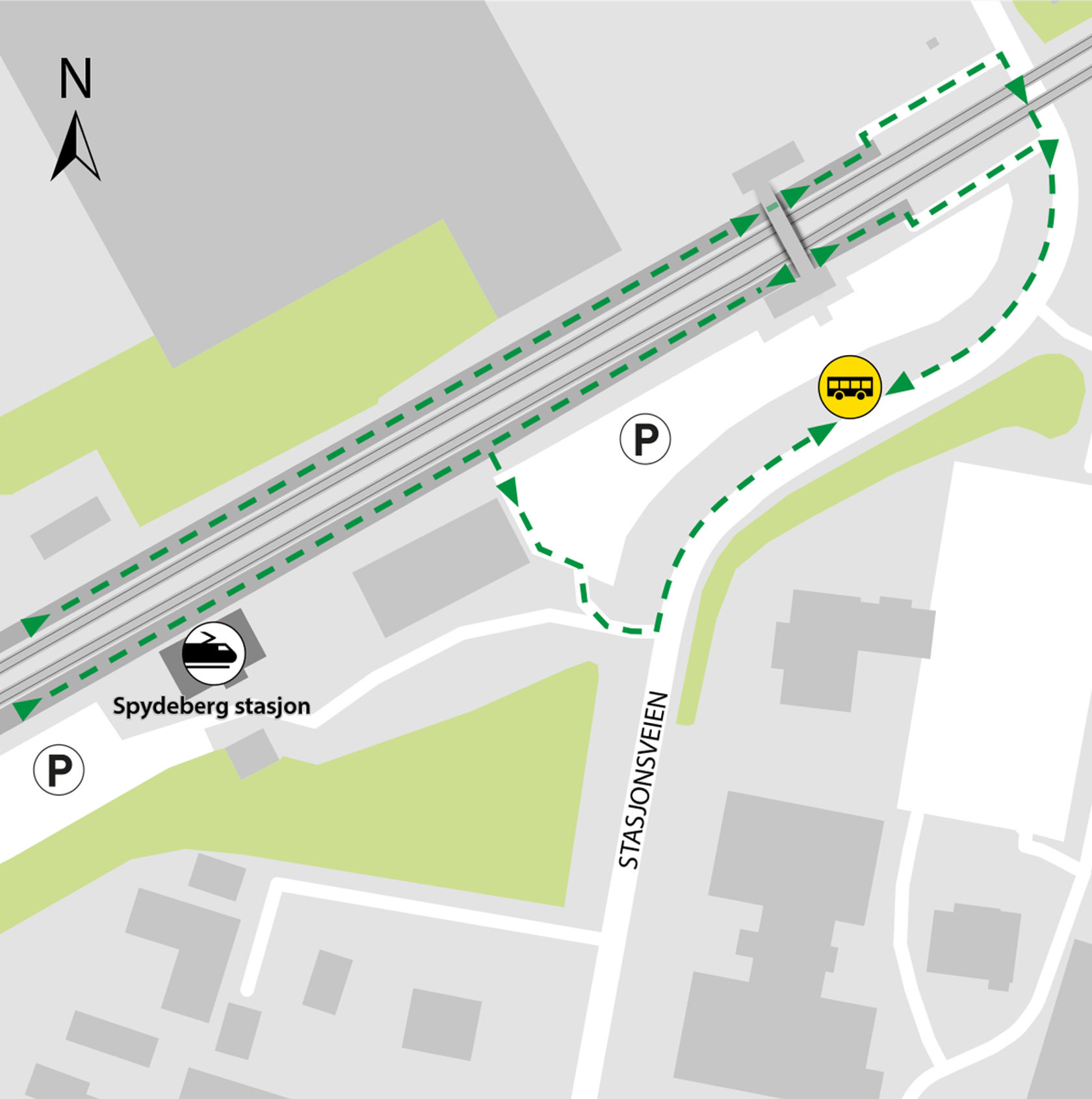 Map shows rail replacement service departs from bus stop Spydeberg station.