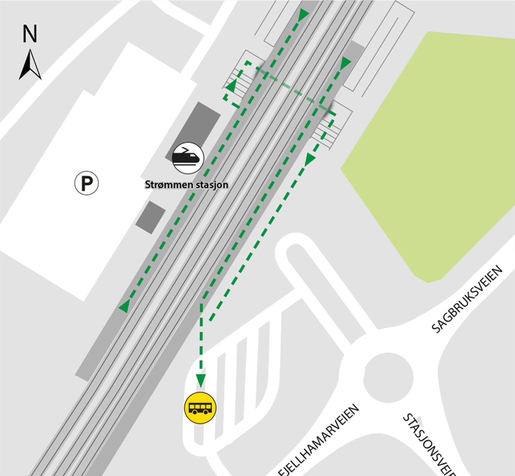 Map shows rail replacement service departs from bus stop at Strømmen kollektivterminal, platform 4.