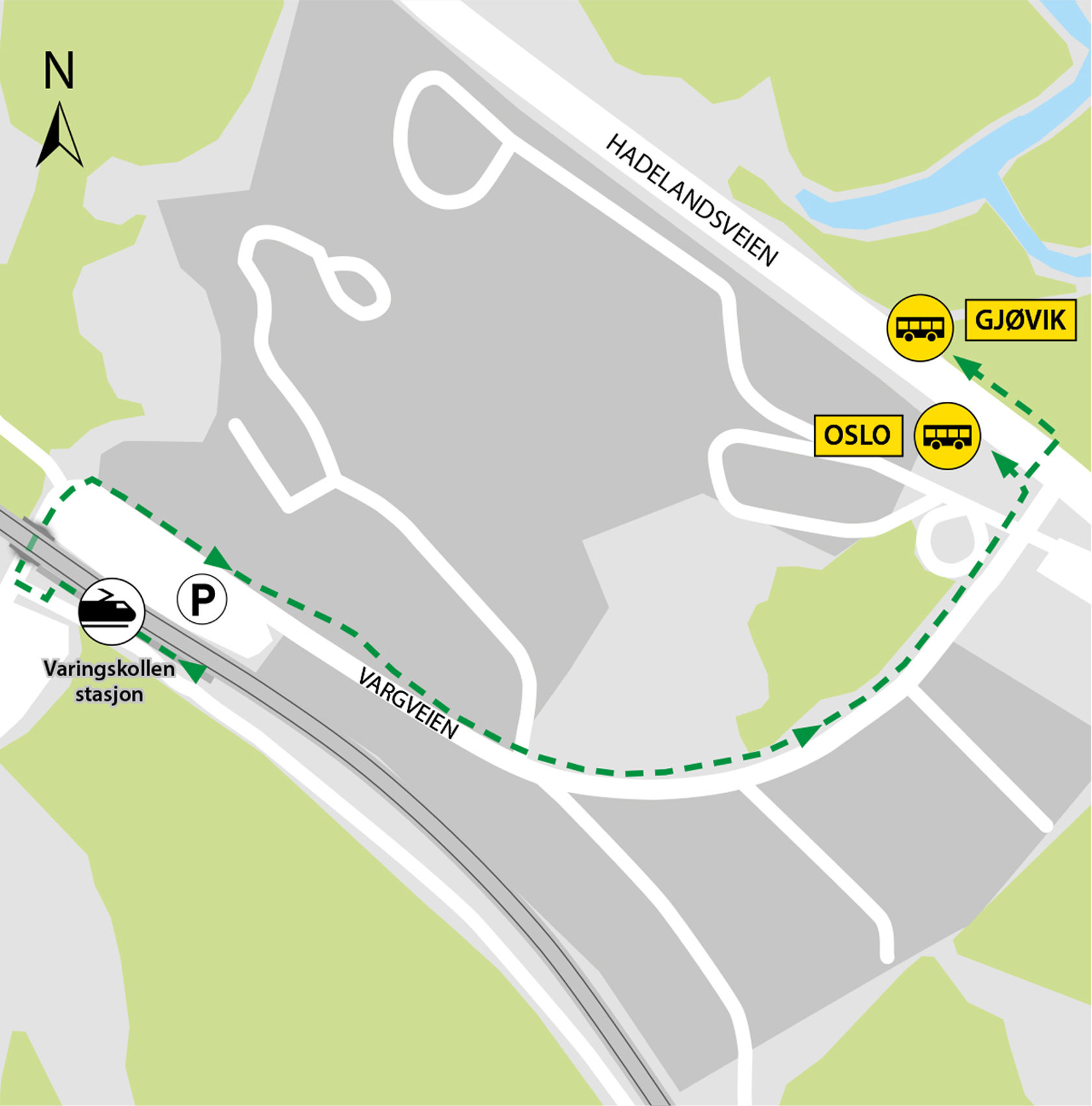 Map shows rail replacement service departs from bus stop "Varingskollen" in Hadelandsveien ved RV4.